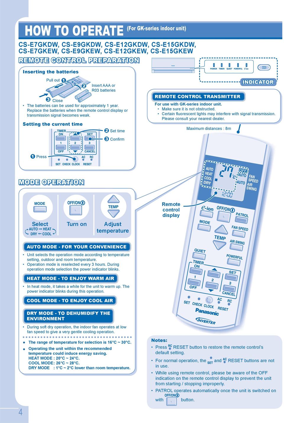 Setting the current time Set time REMOTE CONTROL TRANSMITTER For use with GK-series indoor unit. Make sure it is not obstructed. Certain fl uorescent lights may interfere with signal transmission.