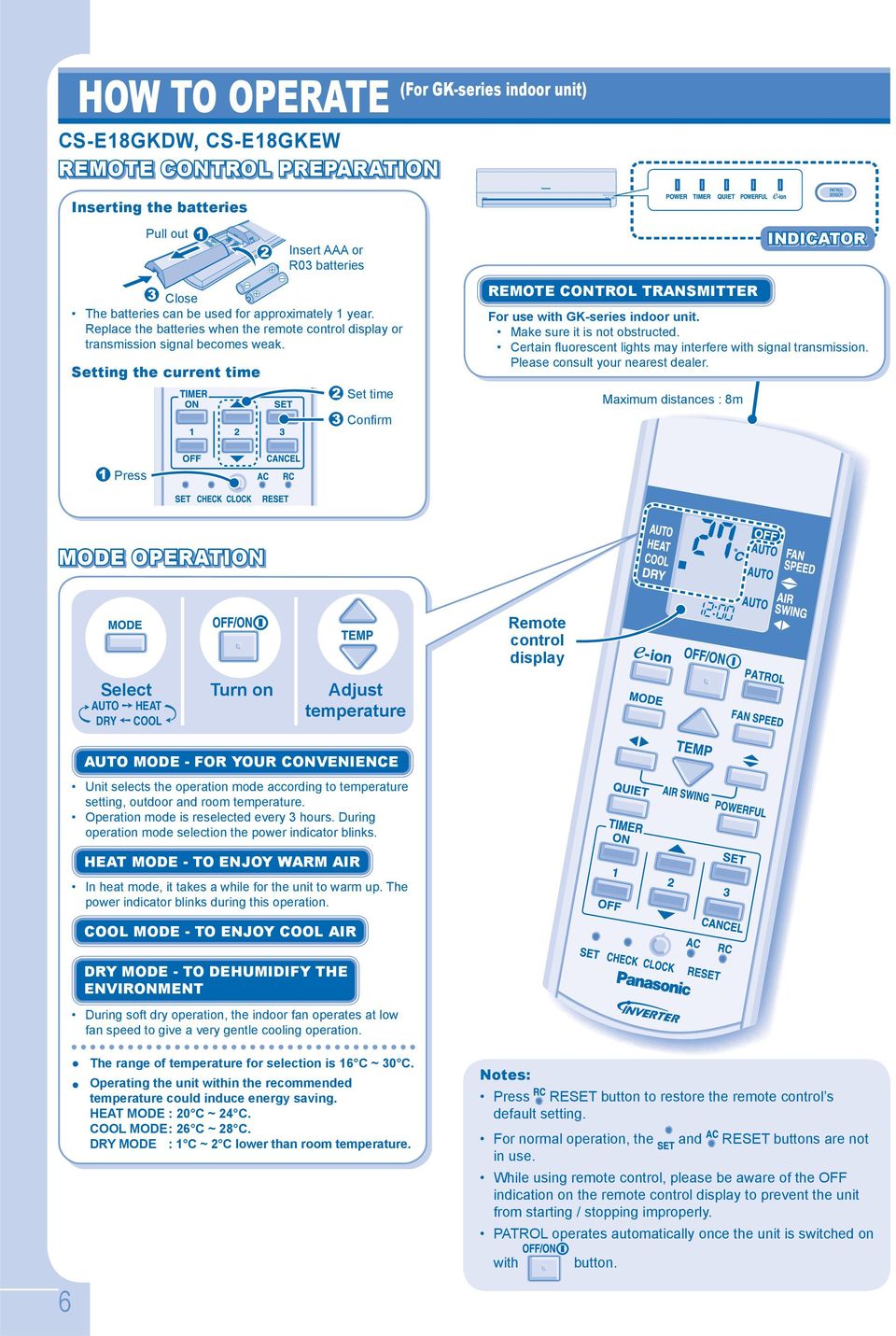 Setting the current time Set time Confi rm REMOTE CONTROL TRANSMITTER Maximum distances : 8m INDICATOR For use with GK-series indoor unit. Make sure it is not obstructed.