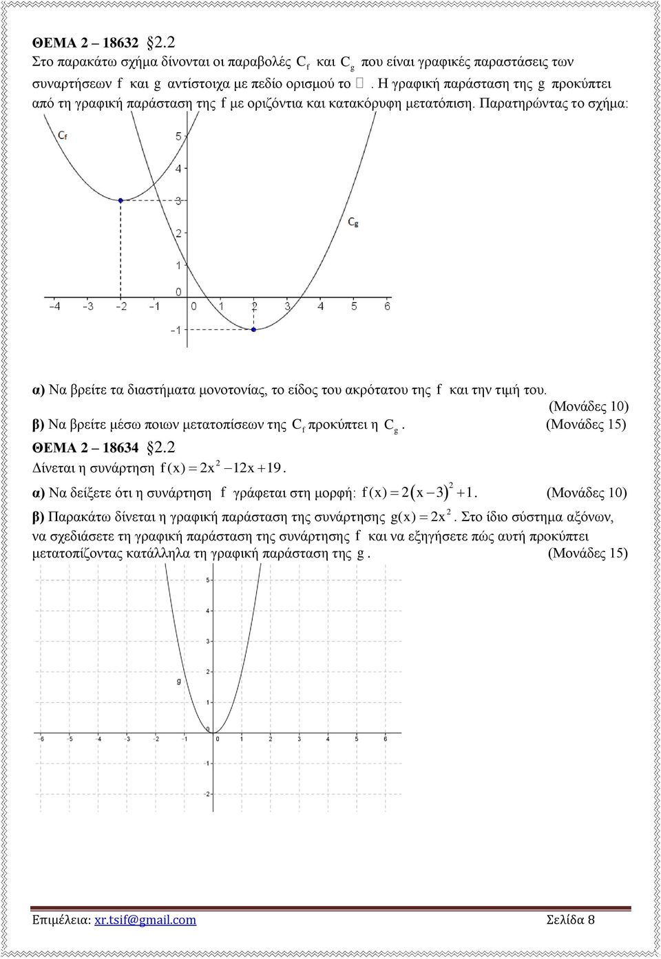 Παρατηρώντας το σχήμα: α) Να βρείτε τα διαστήματα μονοτονίας, το είδος του ακρότατου της f και την τιμή του. β) Να βρείτε μέσω ποιων μετατοπίσεων της Cf προκύπτει η C g. (Μονάδες 15) ΘΕΜΑ 18634.
