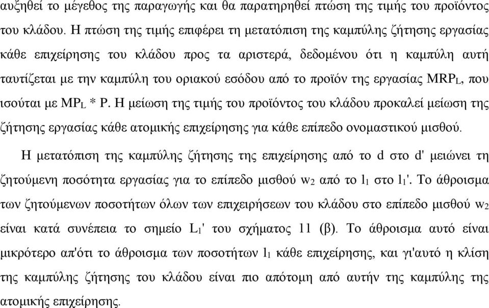 προϊόν της εργασίας MRP L, που ισούται με MP L * P. Η μείωση της τιμής του προϊόντος του κλάδου προκαλεί μείωση της ζήτησης εργασίας κάθε ατομικής επιχείρησης για κάθε επίπεδο ονομαστικού μισθού.