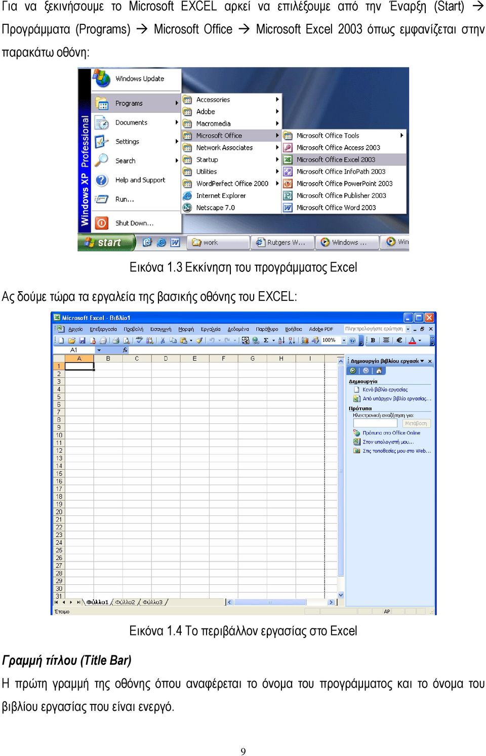 3 Εκκίνηση του προγράμματος Excel Ας δούμε τώρα τα εργαλεία της βασικής οθόνης του ΕXCEL: Εικόνα 1.
