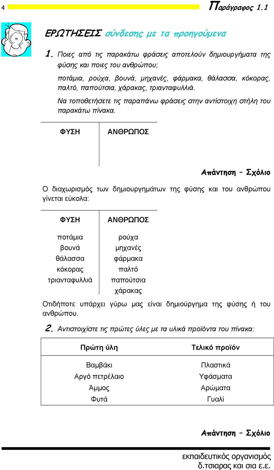 Να τοποθετήσετε τις παραπάνω φράσεις στην αντίστοιχη στήλη του παρακάτω πίνακα.