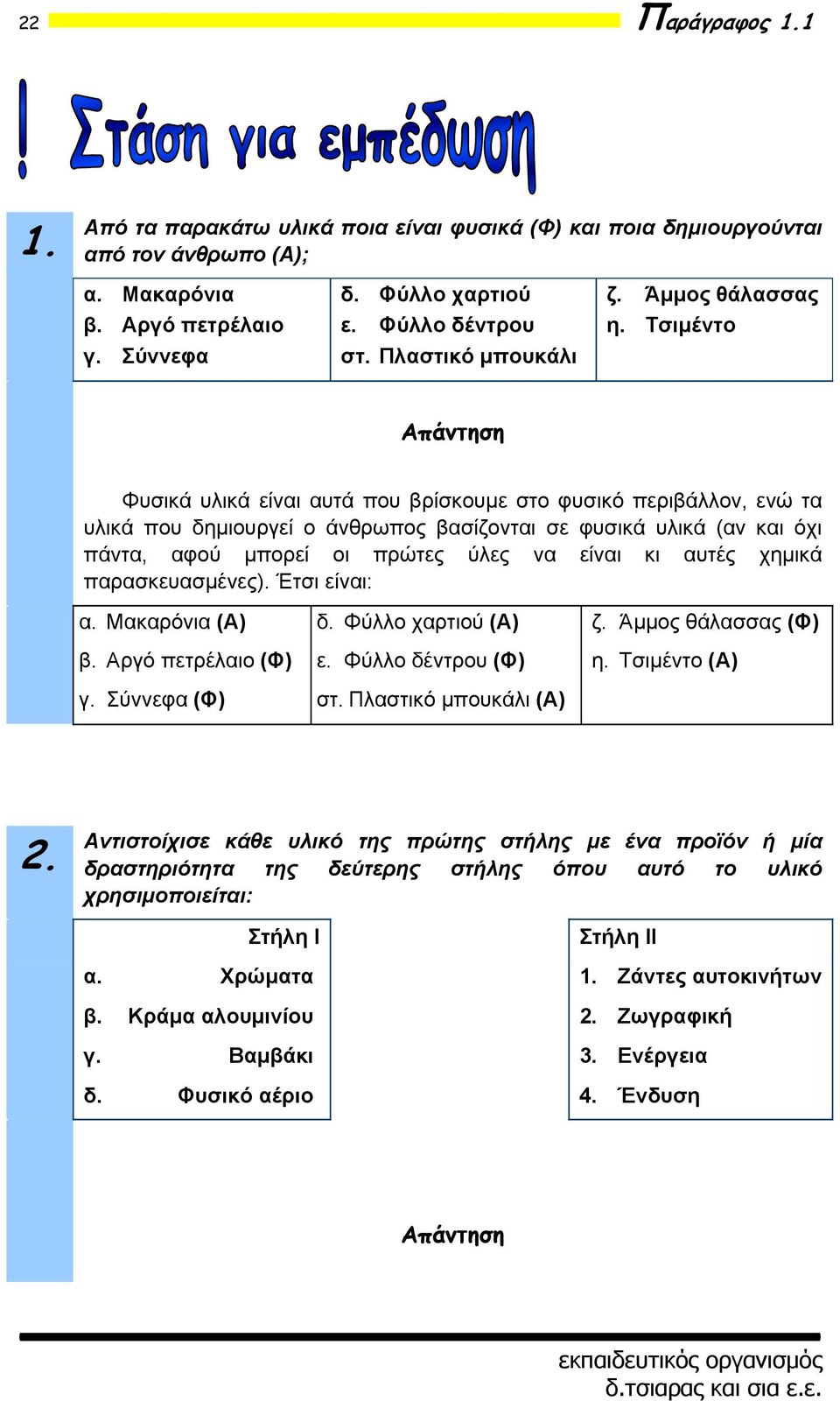 Τσιμέντο Απάντηση Φυσικά υλικά είναι αυτά που βρίσκουμε στο φυσικό περιβάλλον, ενώ τα υλικά που δημιουργεί ο άνθρωπος βασίζονται σε φυσικά υλικά (αν και όχι πάντα, αφού μπορεί οι πρώτες ύλες να είναι