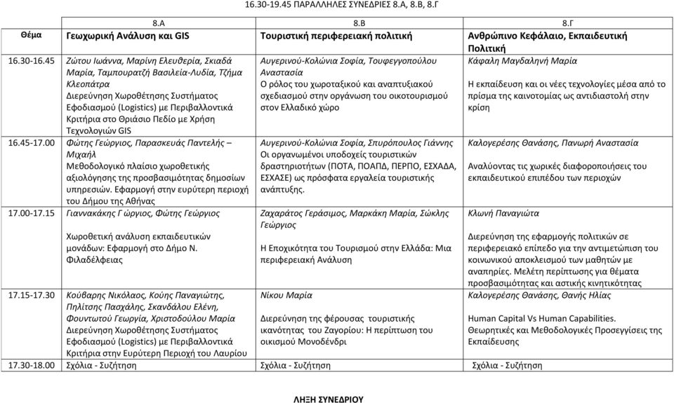 Χρήση Τεχνολογιών GIS 16.45-17.00 Φώτης Γεώργιος, Παρασκευάς Παντελής Μιχαήλ Μεθοδολογικό πλαίσιο χωροθετικής αξιολόγησης της προσβασιμότητας δημοσίων υπηρεσιών.