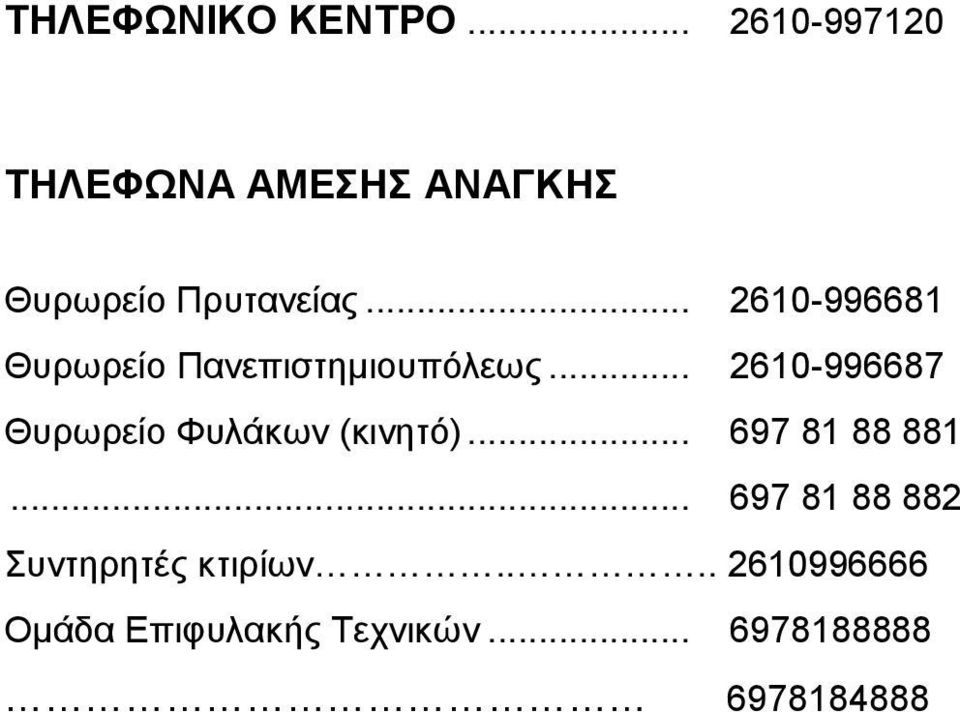 .. 2610-996681 Θυρωρείο Πανεπιστημιουπόλεως.