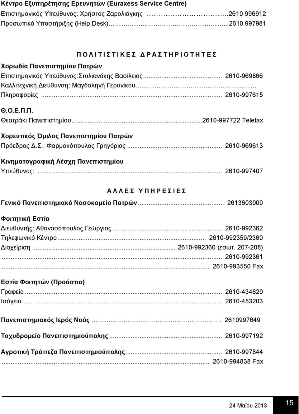 .. 2610-969866 Καλλιτεχνική Διεύθυνση: Μαγδαληνή Γερονίκου Πληροφορίες... 2610-997615 Θ.Ο.Ε.Π.Π. Θεατράκι Πανεπιστημίου... 2610-997722 Telefax Χορευτικός Όμιλος Πανεπιστημίου Πατρών Πρόεδρος Δ.Σ.