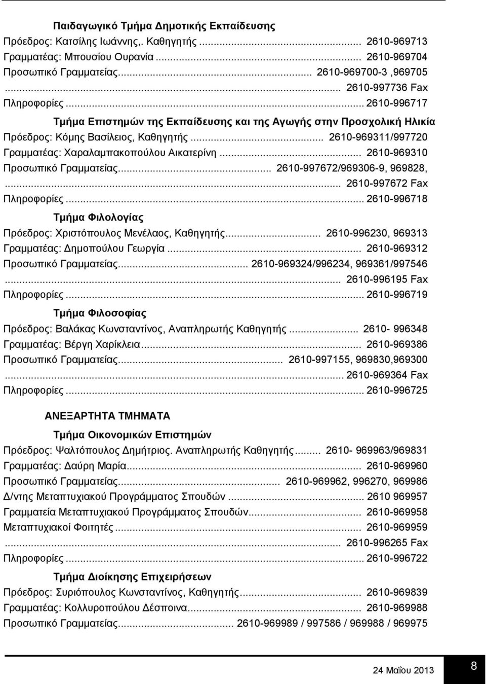 .. 2610-969311/997720 Γραμματέας: Χαραλαμπακοπούλου Αικατερίνη... 2610-969310 Προσωπικό Γραμματείας... 2610-997672/969306-9, 969828,... 2610-997672 Fax Πληροφορίες.