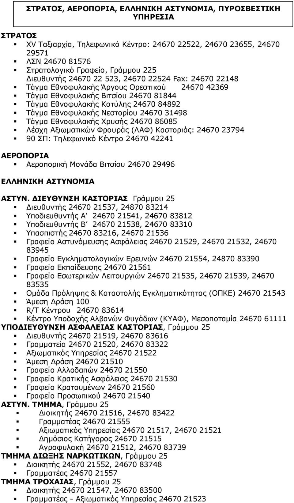 Νεστορίου 24670 31498 Τάγμα Εθνοφυλακής Χρυσής 24670 86085 Λέσχη Αξιωματικών Φρουράς (ΛΑΦ) Καστοριάς: 24670 23794 90 ΣΠ: Τηλεφωνικό Κέντρο 24670 42241 ΑΕΡΟΠΟΡΙΑ Αεροπορική Μονάδα Βιτσίου 24670 29496