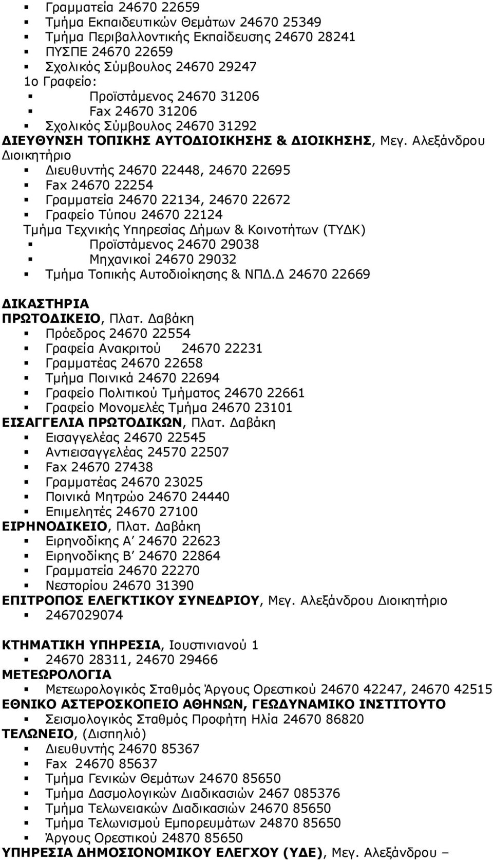 Αλεξάνδρου Διοικητήριο Διευθυντής 24670 22448, 24670 22695 Fax 24670 22254 Γραμματεία 24670 22134, 24670 22672 Γραφείο Τύπου 24670 22124 Τμήμα Τεχνικής Υπηρεσίας Δήμων & Κοινοτήτων (ΤΥΔΚ)
