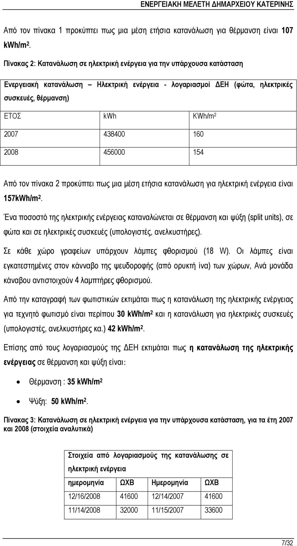 160 2008 456000 154 Από τον πίνακα 2 προκύπτει πως µια µέση ετήσια κατανάλωση για ηλεκτρική ενέργεια είναι 157kWh/m 2.