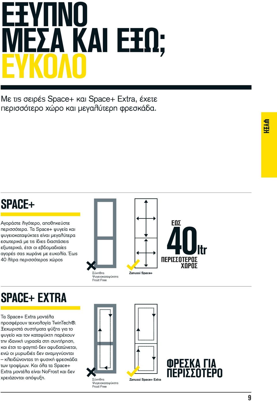 Έως 40 λίτρα περισσότερος χώρος Σύνηθης Ψυγειοκαταψύκτης Frost Free Zanussi Space+ ΕΩΣ ΠΕΡΙΣΣΟΤΕΡΟΣ ΧΩΡΟΣ SPACE+ EXTRA Τα Space+ Extra μοντέλα προσφέρουν τεχνολογία TwinTech.