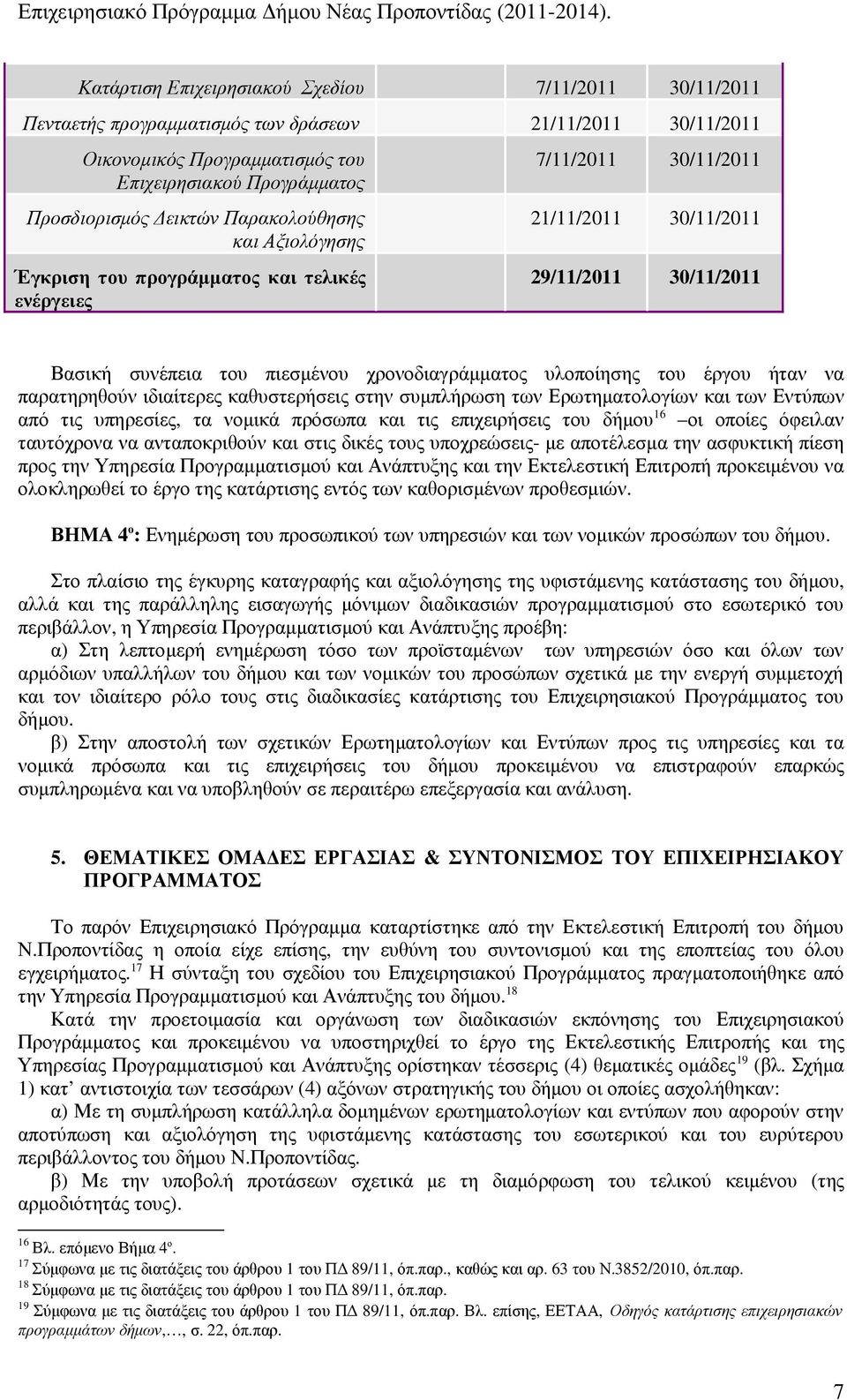 Παρακολούθησης και Αξιολόγησης Έγκριση του προγράµµατος και τελικές ενέργειες 7/11/211 3/11/211 21/11/211 3/11/211 29/11/211 3/11/211 Βασική συνέπεια του πιεσµένου χρονοδιαγράµµατος υλοποίησης του