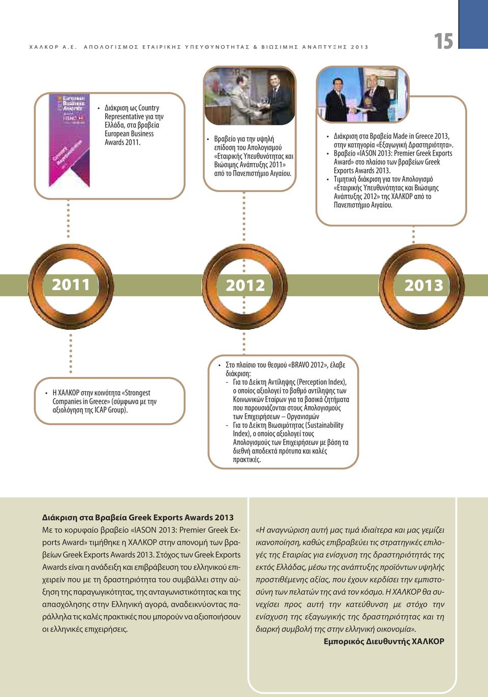 Awards 2011. Βραβείο για την υψηλή επίδοση του Απολογισμού «Εταιρικής Υπευθυνότητας και Βιώσιμης Ανάπτυξης 2011» από το Πανεπιστήμιο Αιγαίου.