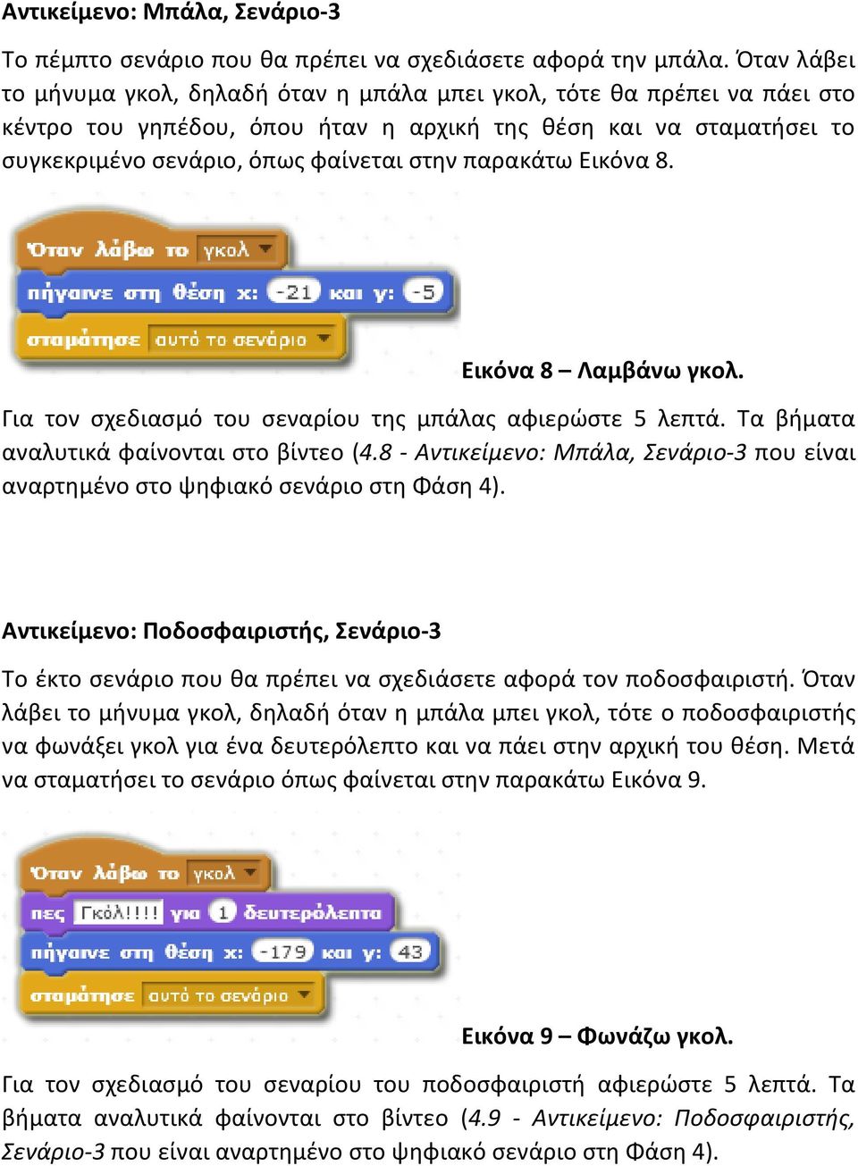 παρακάτω Εικόνα 8. Εικόνα 8 Λαμβάνω γκολ. Για τον σχεδιασμό του σεναρίου της μπάλας αφιερώστε 5 λεπτά. Τα βήματα αναλυτικά φαίνονται στο βίντεο (4.