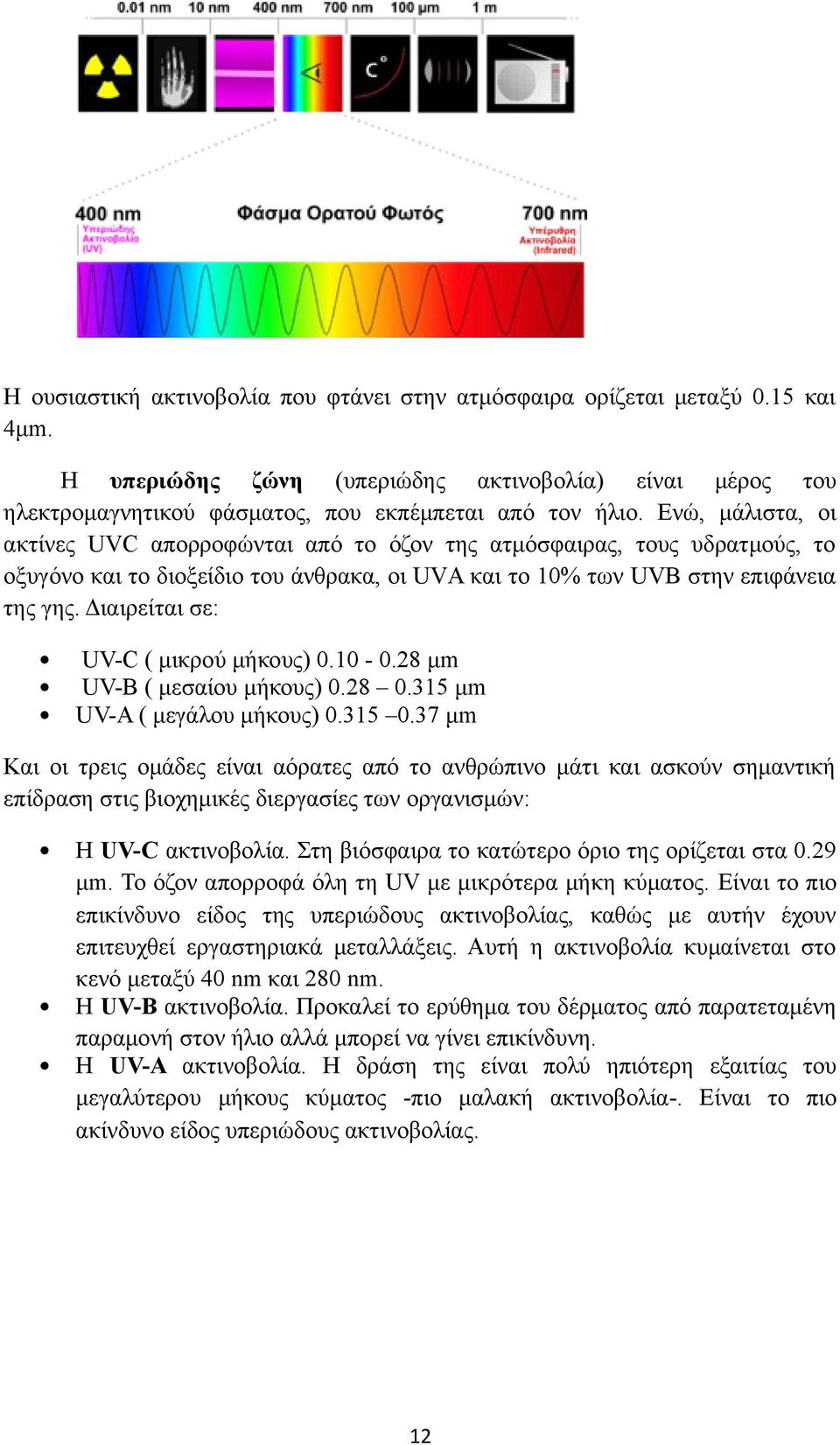 Διαιρείται σε: UV-C ( μικρού μήκους) 0.10-0.28 μm UV-B ( μεσαίου μήκους) 0.28 0.315 μm UV-A ( μεγάλου μήκους) 0.315 0.