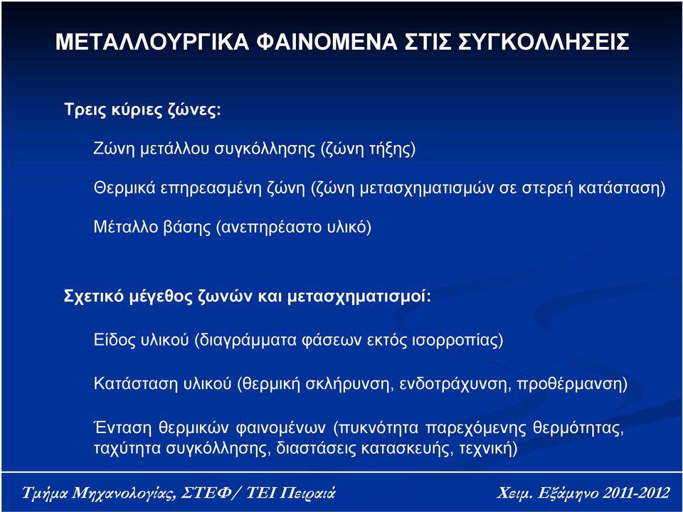 και μετασχηματισμοί: Είδος υλικού (διαγράμματα φάσεων εκτός ισορροπίας) Κατάσταση υλικού (θερμική σκλήρυνση,