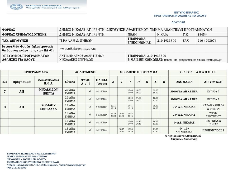 Σ. ΝΙΚΑΙΑΣ 19.45 20.45 23 ο Δ.Σ. ΝΙΚΑΙΑΣ 19.45 20.45 10.15 11.15 4 ο Δ.Σ. ΝΙΚΑΙΑΣ 11.30 12.