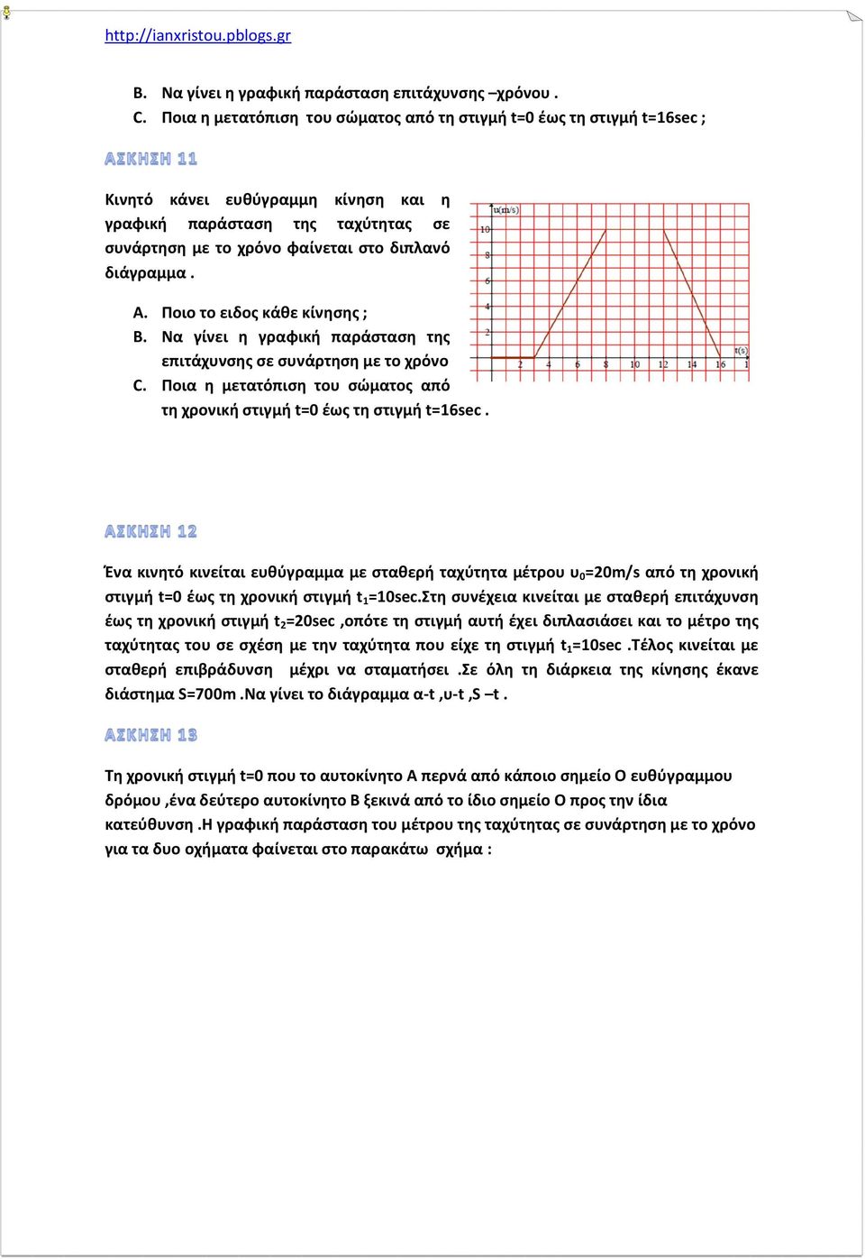Ποιο το ειδος κάθε κίνησης ; B. Να γίνει η γραφική παράσταση της επιτάχυνσης σε συνάρτηση με το χρόνο C. Ποια η μετατόπιση του σώματος από τη χρονική στιγμή t=0 έως τη στιγμή t=16sec.
