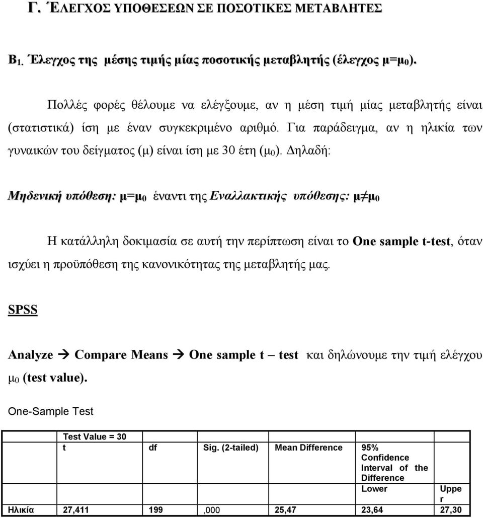 Για παράδειγµα, αν η ηλικία των γυναικών του δείγµατος (µ) είναι ίση µε 30 έτη (µ 0 ).