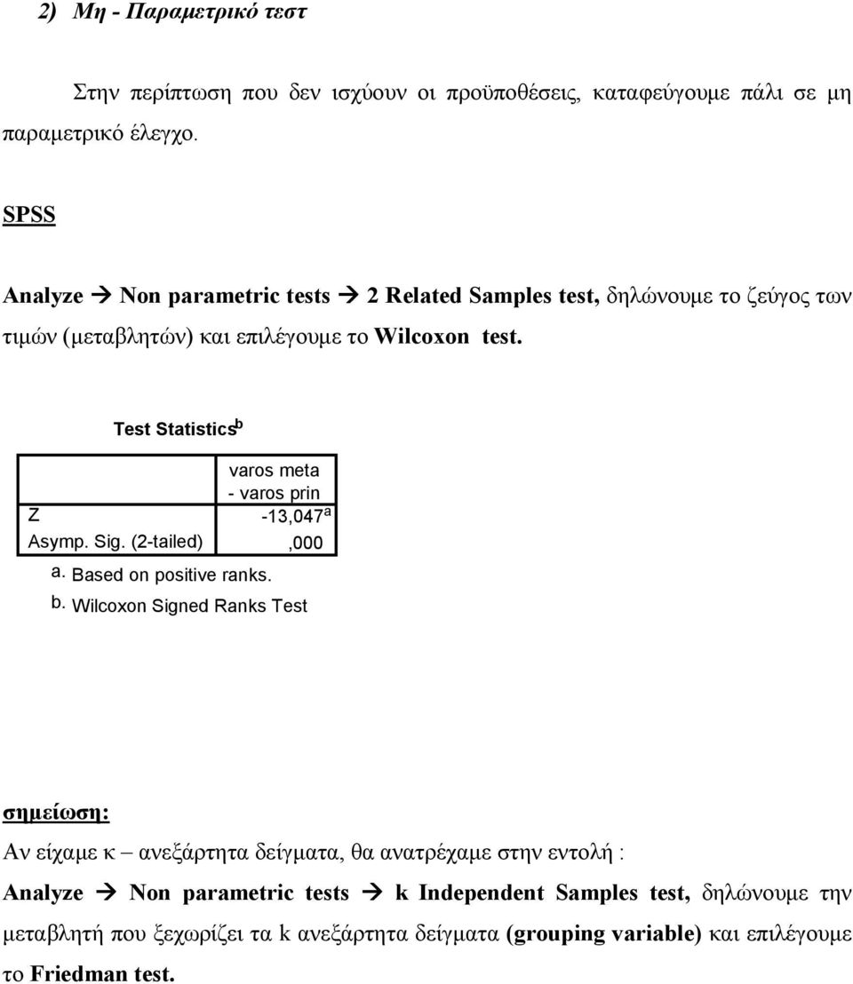 Test Statistics b varos meta - varos prin Z -13,047 a Asymp. Sig. (2-tailed),000 a. Based on positive ranks. b. Wilcoxon Signed Ranks Test σηµείωση: Αν είχαµε κ ανεξάρτητα δείγµατα, θα ανατρέχαµε στην εντολή : Analyze!