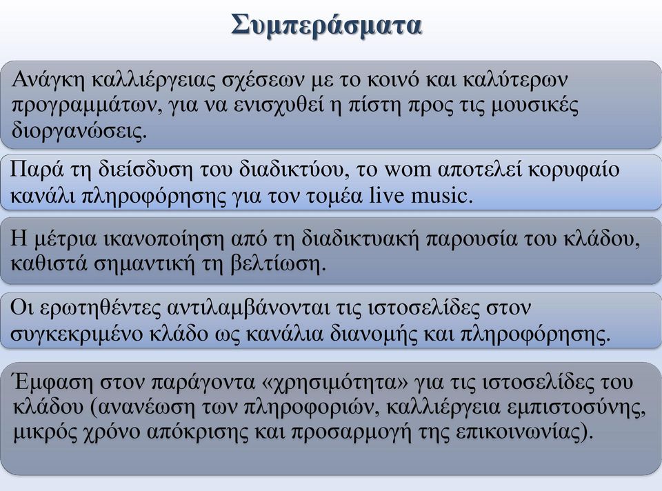 Η μέτρια ικανοποίηση από τη διαδικτυακή παρουσία του κλάδου, καθιστά σημαντική τη βελτίωση.