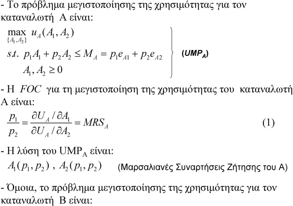 καταναλωτή Αείναι: p1 UA / A1 = = MRS A (1) p U / A 2 A 2 -H λύση του UMP A είναι: A ( p, p ), A ( p, p )