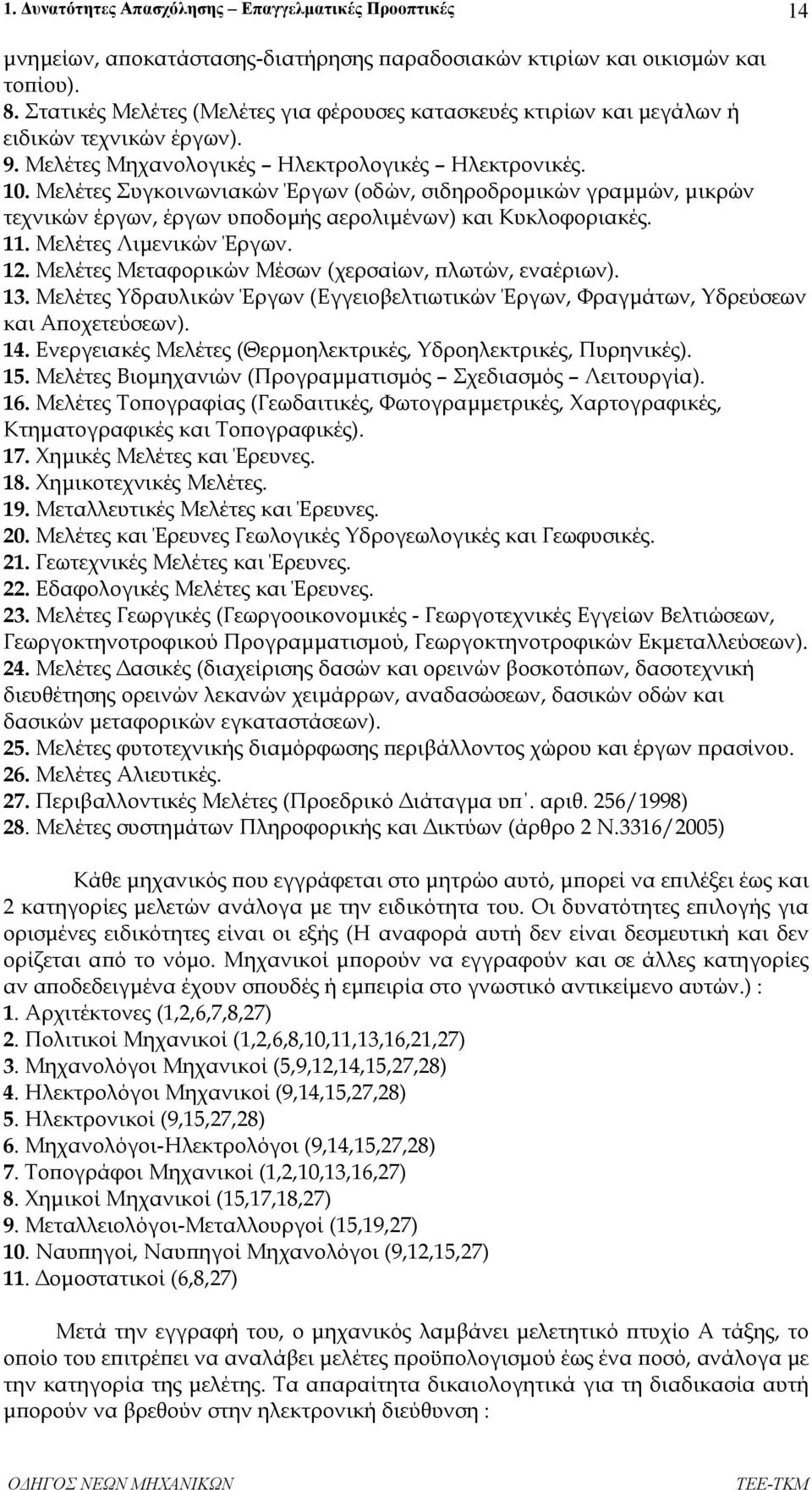Μελέτες Συγκοινωνιακών Έργων (οδών, σιδηροδροµικών γραµµών, µικρών τεχνικών έργων, έργων υποδοµής αερολιµένων) και Κυκλοφοριακές. 11. Μελέτες Λιµενικών Έργων. 12.