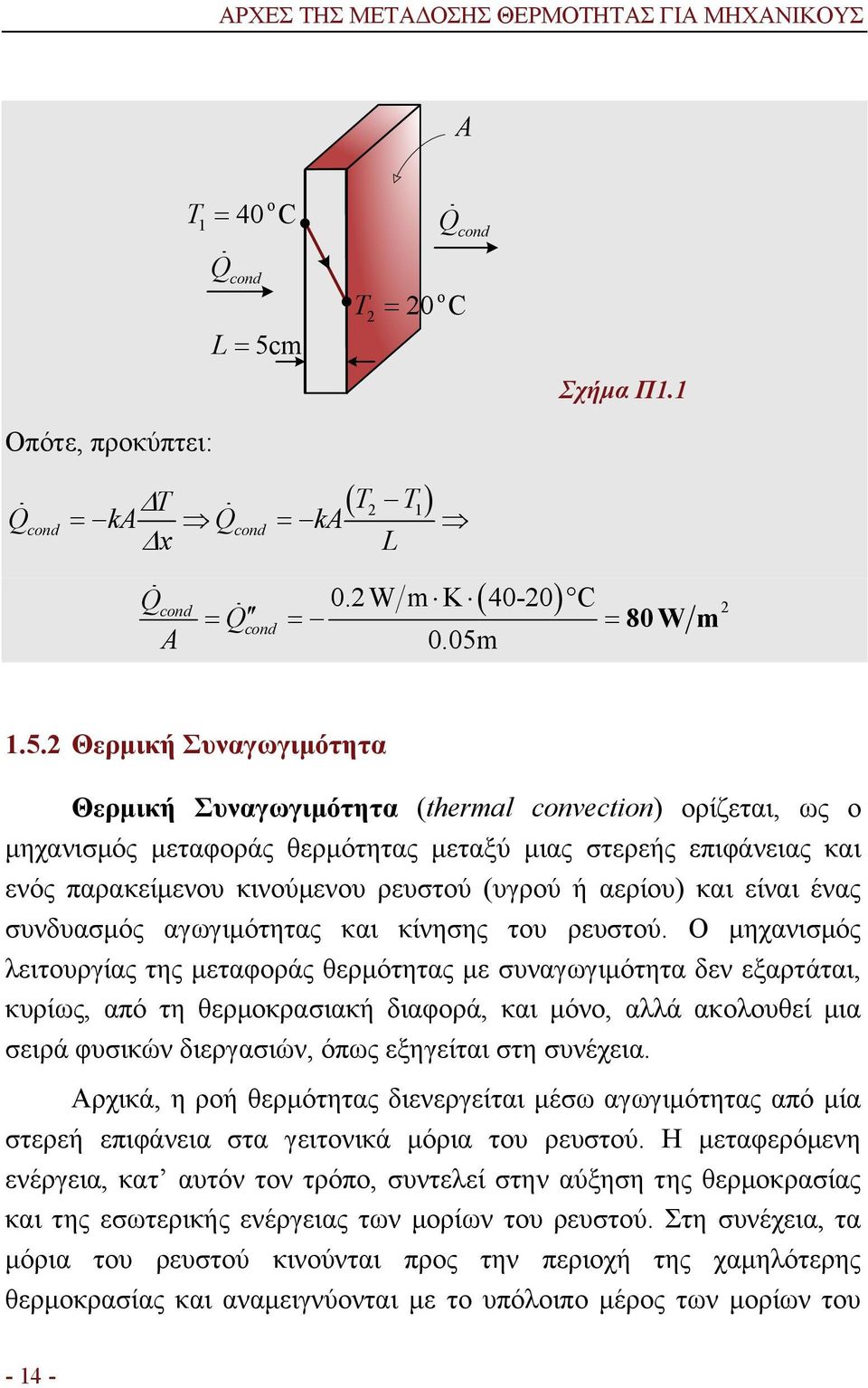 1.5.2 Θερμική Συναγωγιμότητα Θερμική Συναγωγιμότητα (thermal convection) ορίζεται, ως ο μηχανισμός μεταφοράς θερμότητας μεταξύ μιας στερεής επιφάνειας και ενός παρακείμενου κινούμενου ρευστού (υγρού