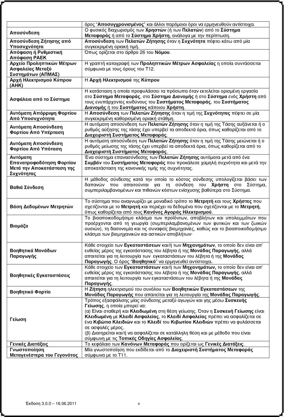 Βαθιά Σύνδεση Βάση εδομένων Μετρητών Βιομάζα Βοηθητικά Μονάδων Παραγωγής Βοηθητικές Εγκαταστάσεις Βοηθητικό Φορτίο Γείωση Γενικές ιατάξεις Γνωστοποίηση Μεταγενέστερα του Γεγονότος όρος