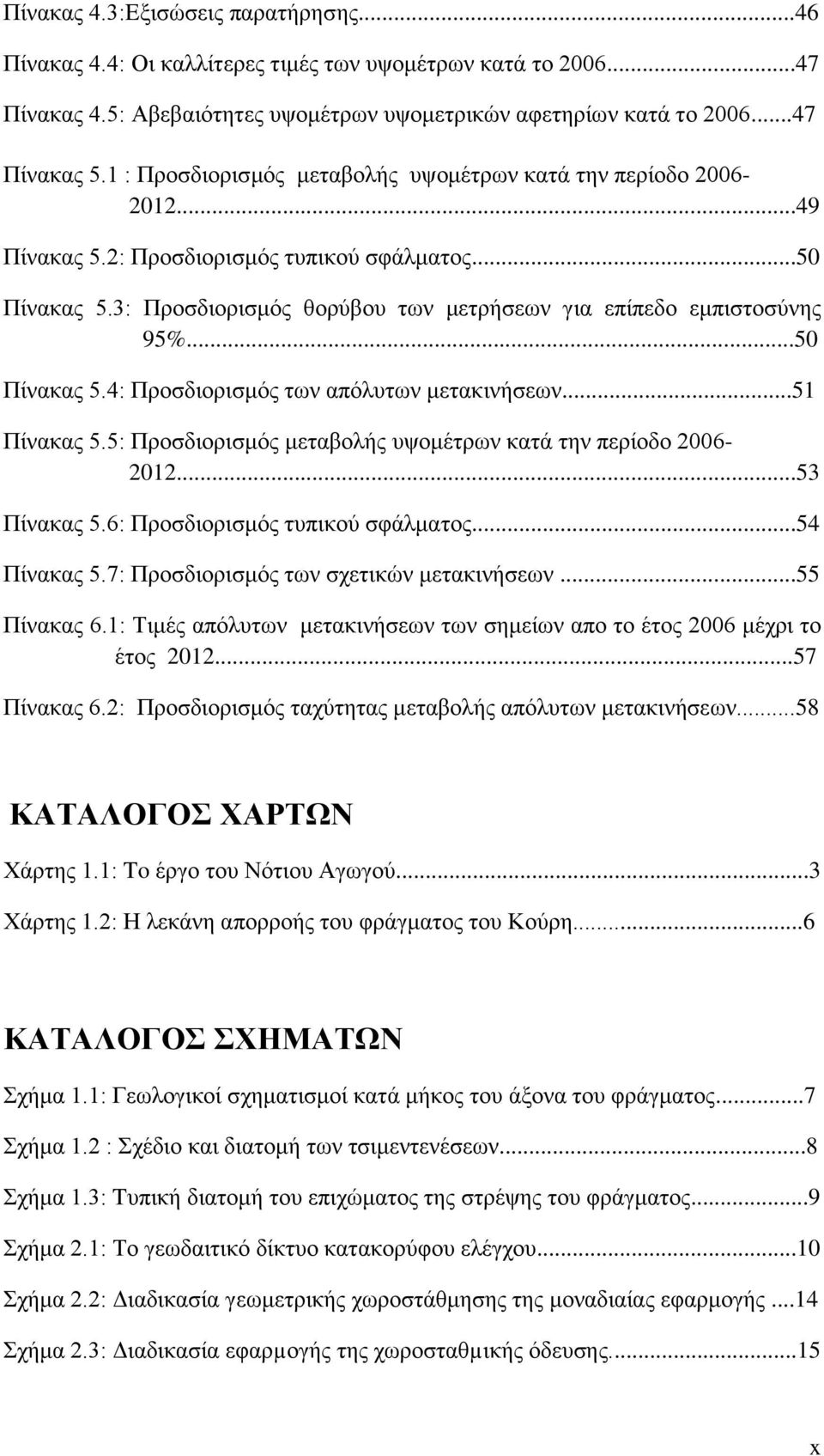 ..50 Πίνακας 5.4: Προσδιορισμός των απόλυτων μετακινήσεων...51 Πίνακας 5.5: Προσδιορισμός μεταβολής υψομέτρων κατά την περίοδο 2006-2012...53 Πίνακας 5.6: Προσδιορισμός τυπικού σφάλματος...54 Πίνακας 5.