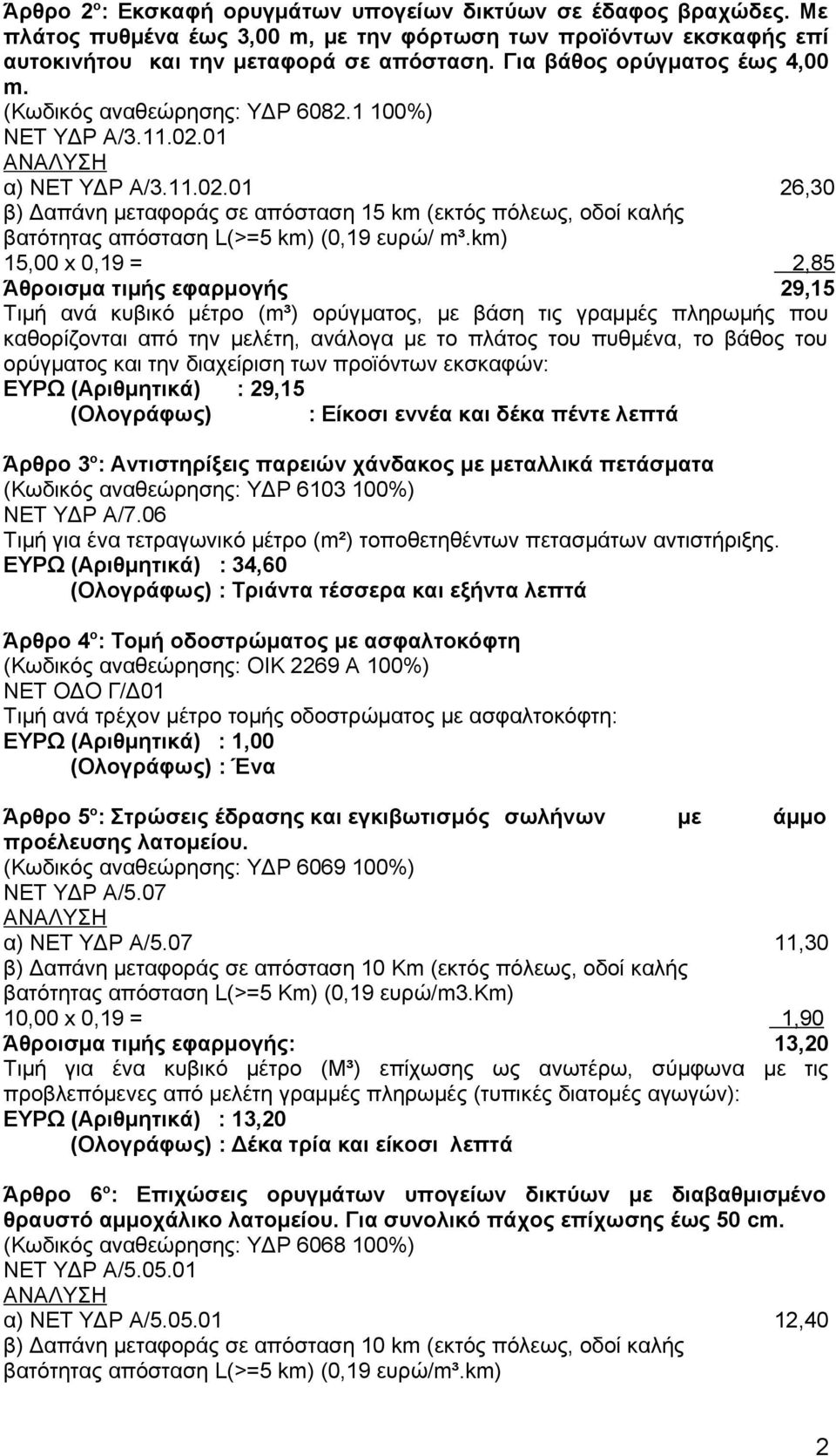 01 α) ΝΕΤ ΥΔΡ Α/3.11.02.01 26,30 β) Δαπάνη μεταφοράς σε απόσταση 15 km (εκτός πόλεως, οδοί καλής βατότητας απόσταση L(>=5 km) (0,19 ευρώ/ m³.