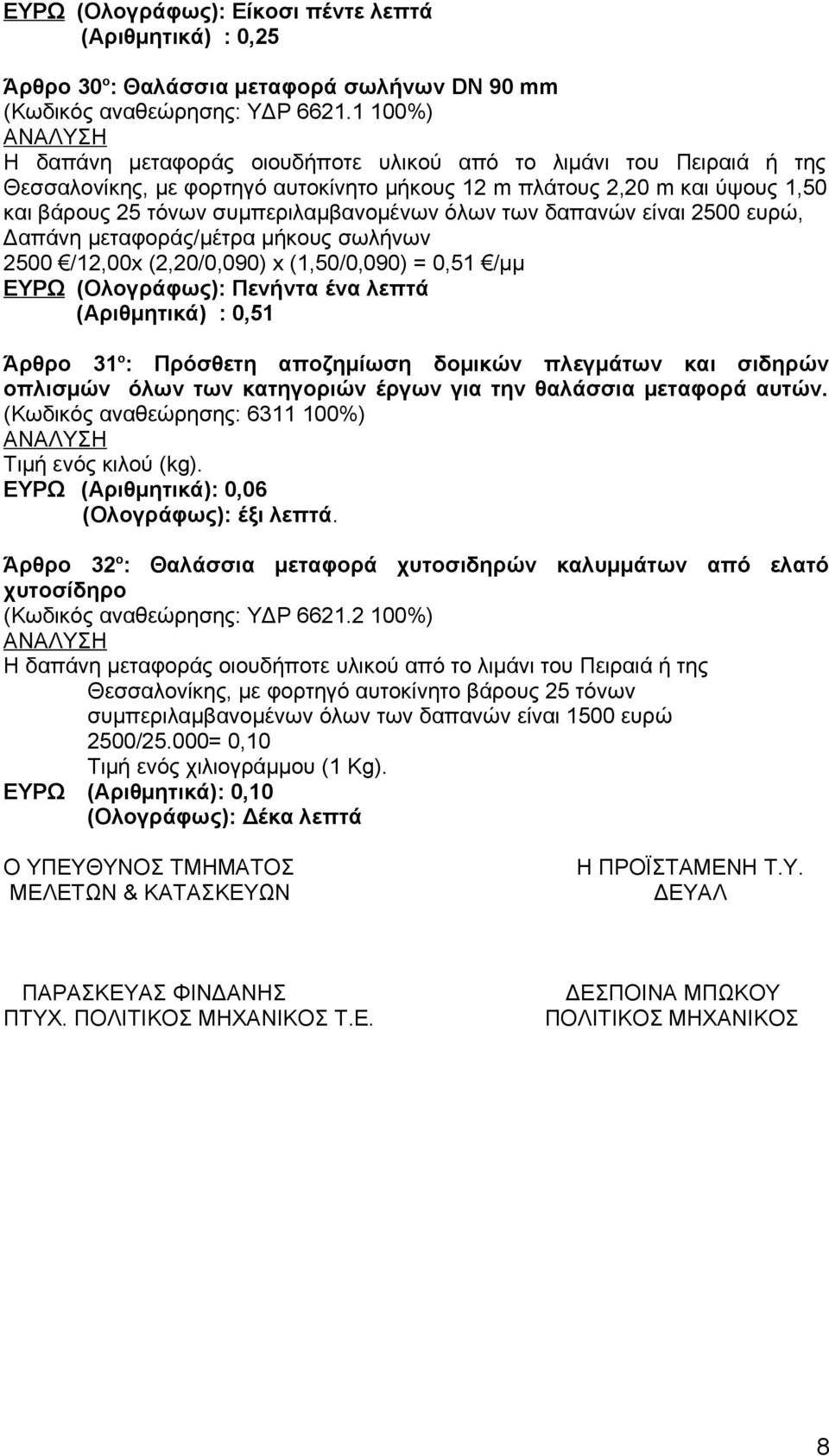 των δαπανών είναι 2500 ευρώ, Δαπάνη μεταφοράς/μέτρα μήκους σωλήνων 2500 /12,00x (2,20/0,090) x (1,50/0,090) = 0,51 /μμ ΕΥΡΩ (Ολογράφως): Πενήντα ένα λεπτά (Αριθμητικά) : 0,51 Άρθρο 31 ο : Πρόσθετη