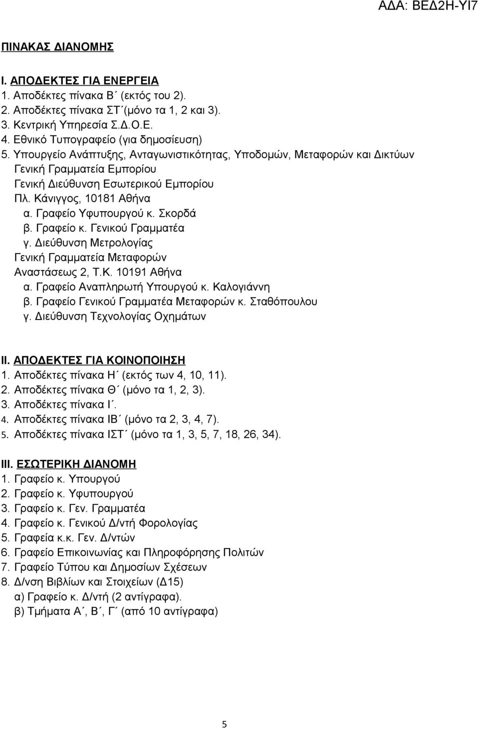 Γραφείο κ. Γενικού Γραμματέα γ. Διεύθυνση Μετρολογίας Γενική Γραμματεία Μεταφορών Αναστάσεως 2, Τ.Κ. 10191 Αθήνα α. Γραφείο Αναπληρωτή Υπουργού κ. Καλογιάννη β. Γραφείο Γενικού Γραμματέα Μεταφορών κ.