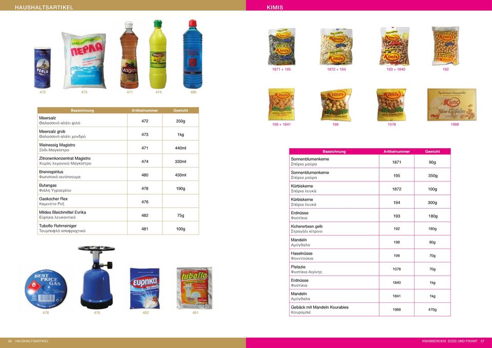 αποφραχτικό 472 350g 473 1kg 471 440ml 474 330ml 480 430ml 478 190g 476 482 75g 481 100g 198 + 1841 196 1078 1988 Sonnenblumenkerne Σπόρια μαύρα Sonnenblumenkerne Σπόρια μαύρα Kürbiskerne Σπόρια