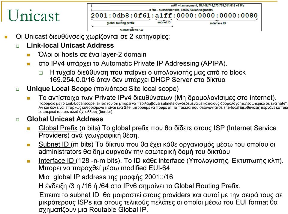 0/16 όταν δεν υπάρχει DHCP Server στο δίκτυο Unique Local Scope (παλιότερα Site local scope) Το αντίστοιχο των Private IPv4 διευθύνσεων (Μη δρομολογίσιμες στο internet).