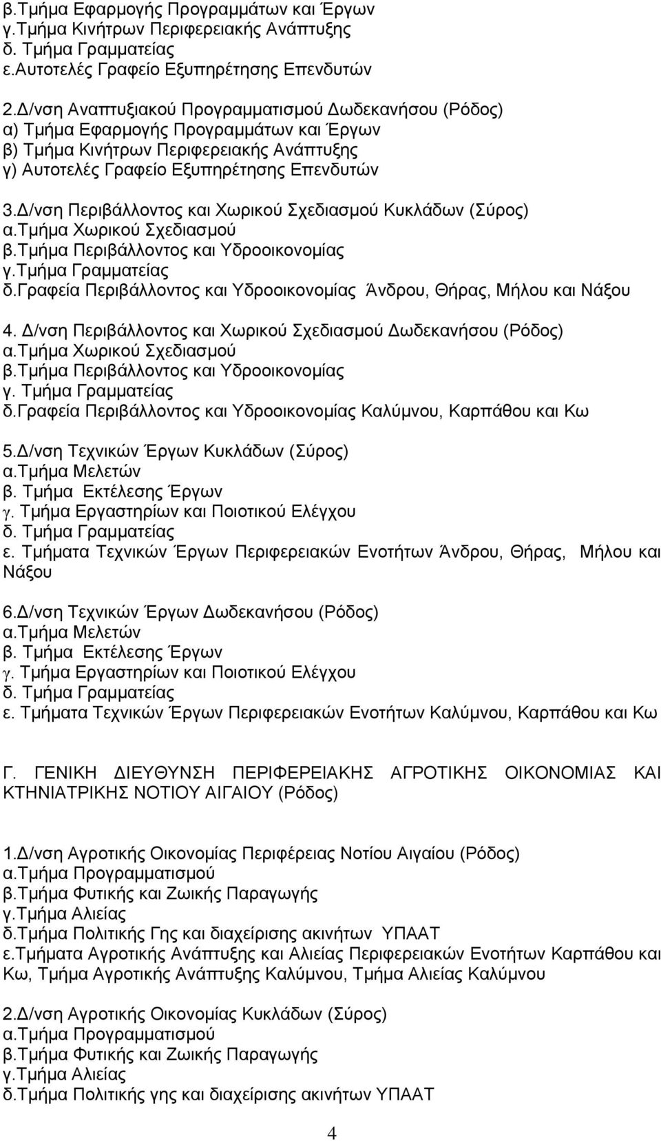 Δ/νση Περιβάλλοντος και Χωρικού Σχεδιασμού Κυκλάδων (Σύρος) α.τμήμα Χωρικού Σχεδιασμού β.τμήμα Περιβάλλοντος και Υδροοικονομίας γ.τμήμα Γραμματείας δ.