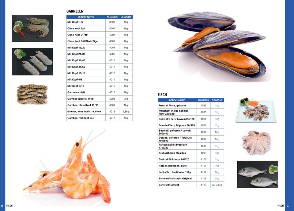 Block 4012 1,8kg Gambas, mit Kopf 2/4 4017 1kg Frutti di Mare, gekocht 4022 1kg Muscheln (halbe Schale) New Zealand 4025 1kg Seewolf-Filet / Lavraki 90/120 4094 1kg Dorade-Filet / Tsipoura 90/120