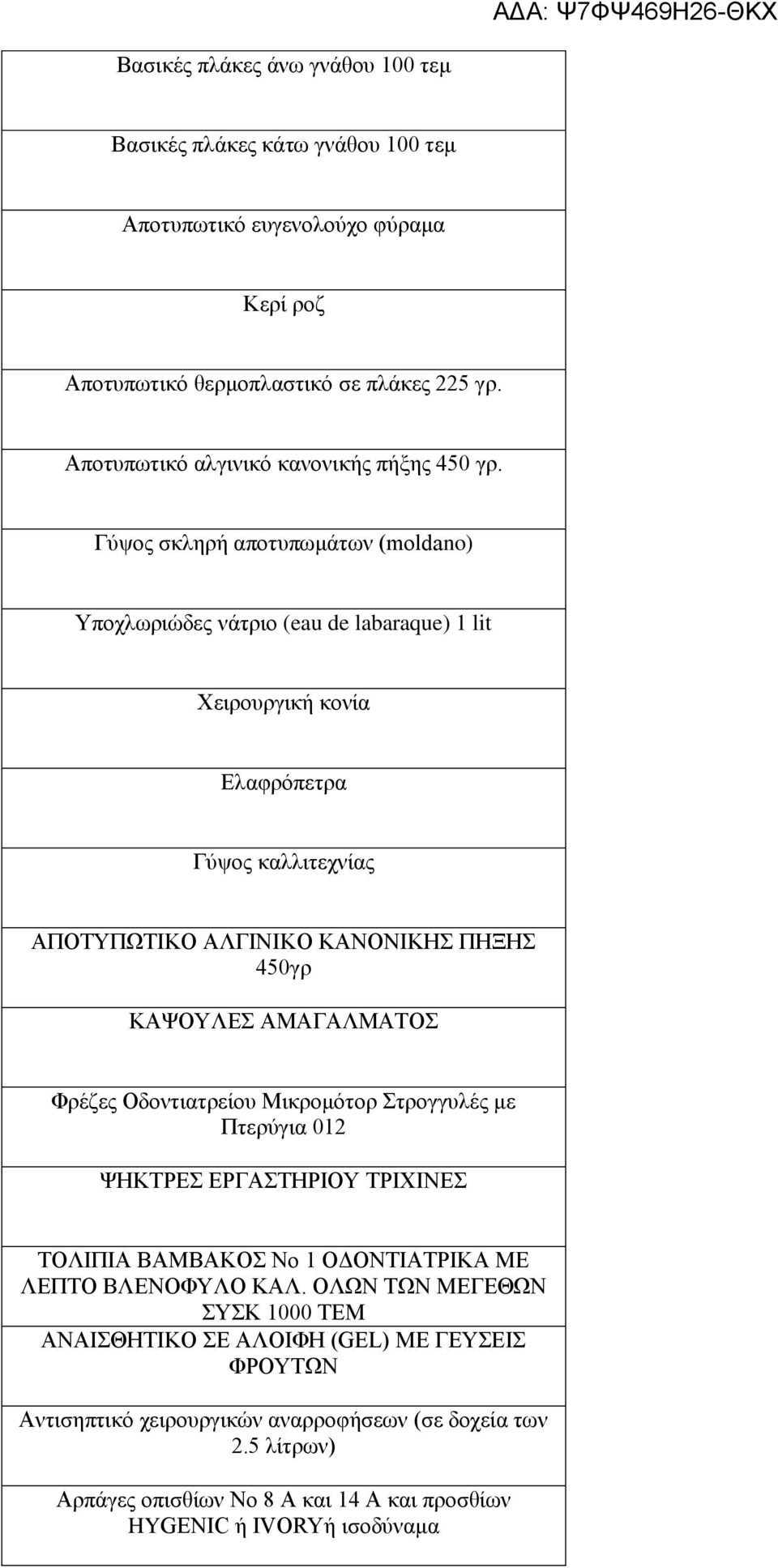 Γύψος σκληρή αποτυπωμάτων (moldano) Υποχλωριώδες νάτριο (eau de labaraque) 1 lit Χειρουργική κονία Ελαφρόπετρα Γύψος καλλιτεχνίας ΑΠΟΤΥΠΩΤΙΚΟ ΑΛΓΙΝΙΚΟ ΚΑΝΟΝΙΚΗΣ ΠΗΞΗΣ 450γρ ΚΑΨΟΥΛΕΣ