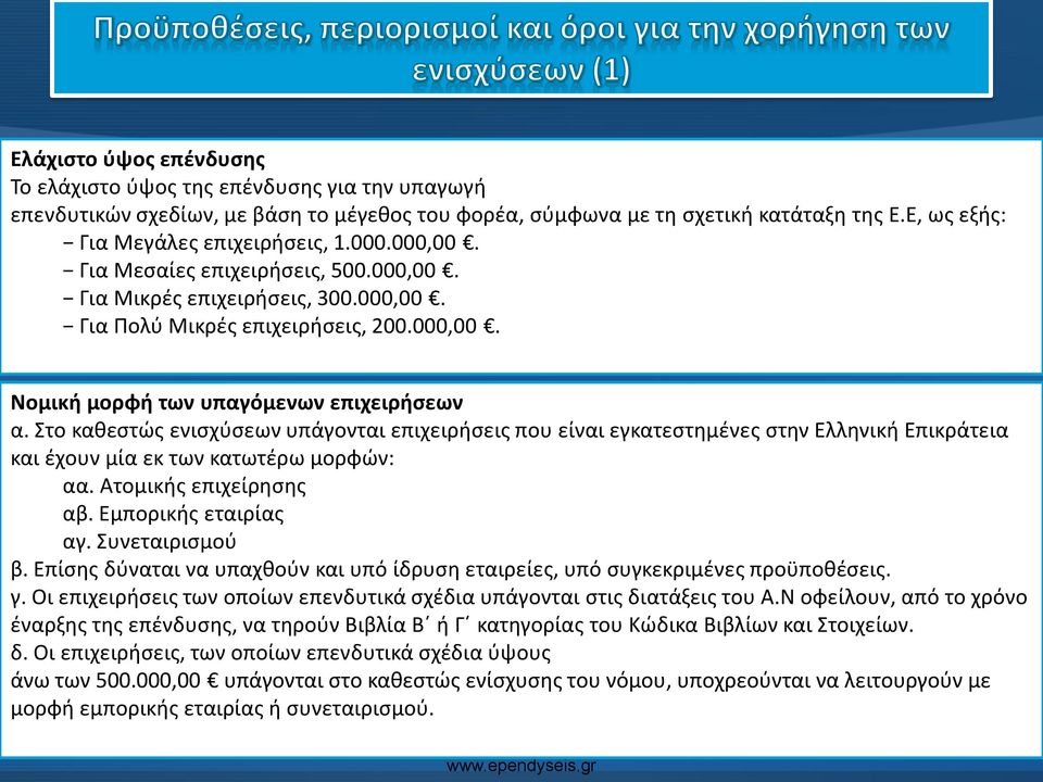 Στο καθεστώς ενισχύσεων υπάγονται επιχειρήσεις που είναι εγκατεστημένες στην Ελληνική Επικράτεια και έχουν μία εκ των κατωτέρω μορφών: αα. Ατομικής επιχείρησης αβ. Εμπορικής εταιρίας αγ.