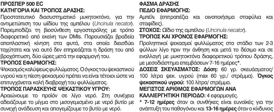 Παρουσιάζει βραδεία αποπλαστική κίνηση στα φυτά, στα οποία διεισδύει ταχύτατα και για αυτό δεν επηρεάζεται η δράση του από βροχόπτωση, δύο ώρες μετά την εφαρμογή του.