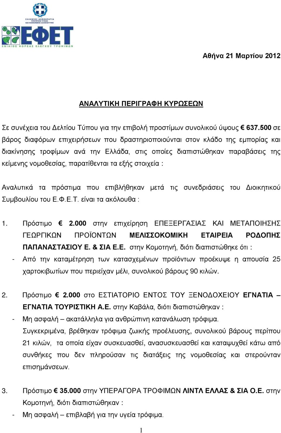 εξής στοιχεία : Αναλυτικά τα πρόστιμα που επιβλήθηκαν μετά τις συνεδριάσεις του Διοικητικού Συμβουλίου του Ε.Φ.Ε.Τ. είναι τα ακόλουθα : 1. Πρόστιμο 2.