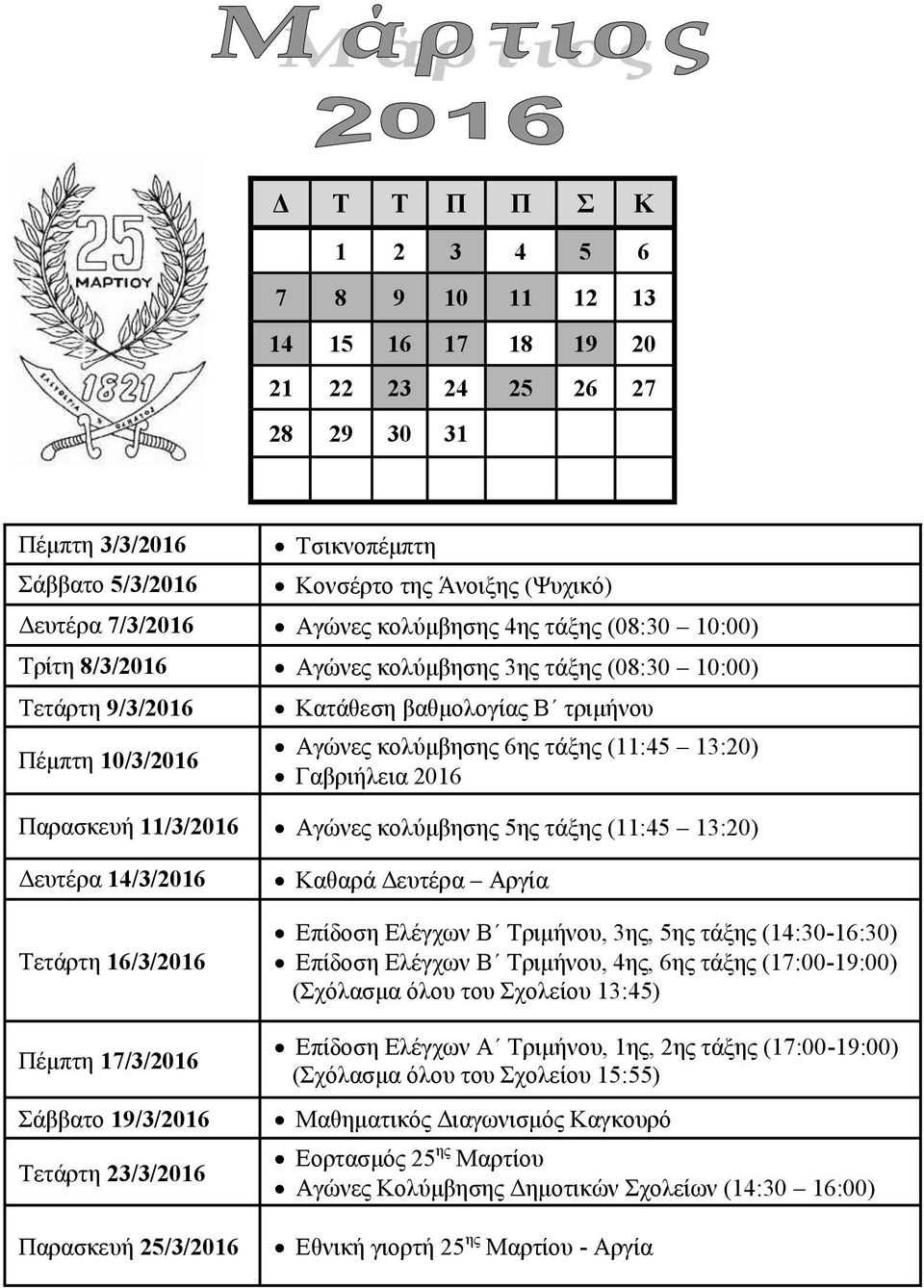 2016 11/3/2016 Αγώνες κολύμβησης 5ης τάξης (11:45 13:20) Δευτέρα 14/3/2016 Τετάρτη 16/3/2016 Πέμπτη 17/3/2016 Σάββατο 19/3/2016 Τετάρτη 23/3/2016 25/3/2016 Καθαρά Δευτέρα Αργία Επίδοση Ελέγχων B