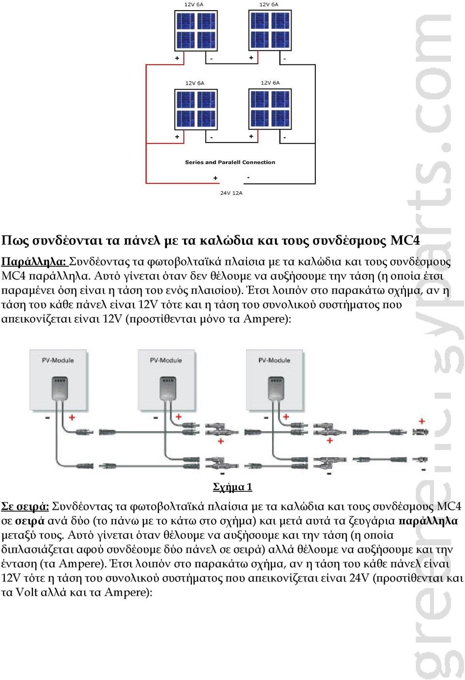 Έτσι λοιπόν στο παρακάτω σχήμα, αν η τάση του κάθε πάνελ είναι 12V τότε και η τάση του συνολικού συστήματος που απεικονίζεται είναι 12V (προστίθενται μόνο τα Ampere): Σχήμα 1 Σε σειρά: Συνδέοντας τα