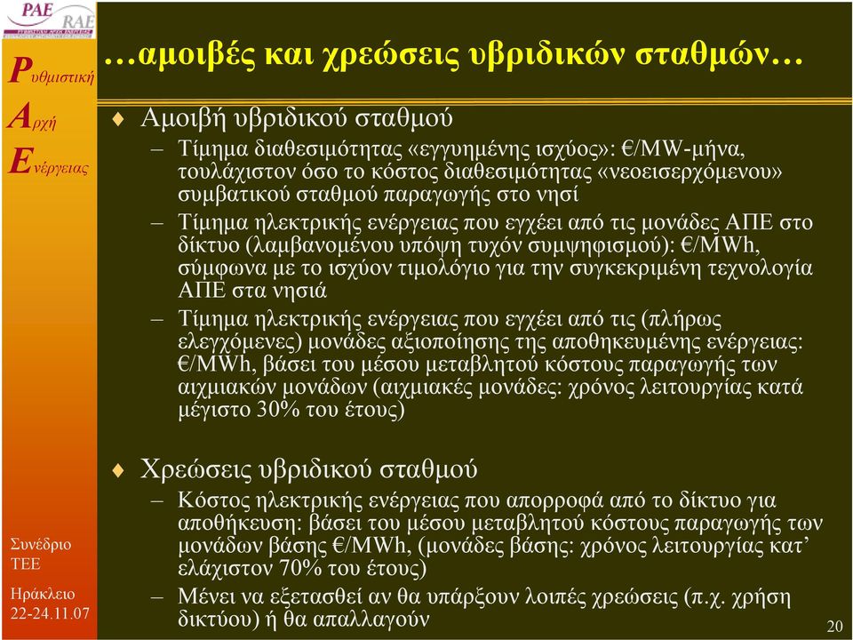 ΑΠΕ στα νησιά Τίµηµα ηλεκτρικής ενέργειας που εγχέει από τις (πλήρως ελεγχόµενες) µονάδες αξιοποίησης της αποθηκευµένης ενέργειας: /MWh, βάσει του µέσου µεταβλητού κόστους παραγωγής των αιχµιακών