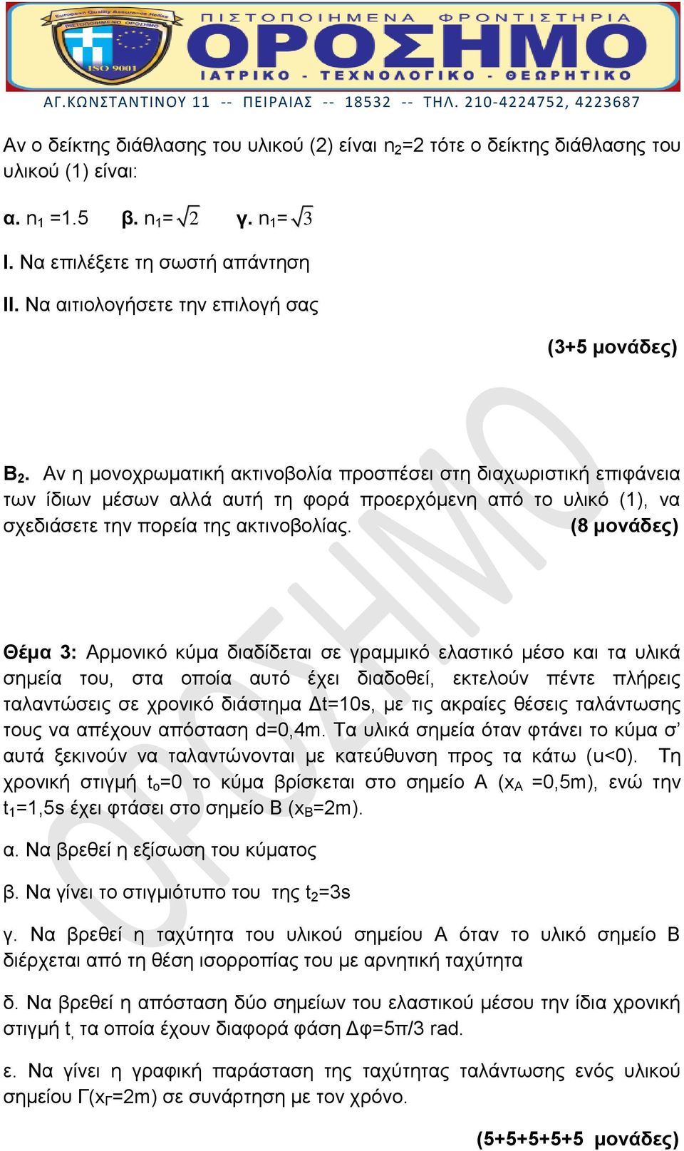 Αν η μονοχρωματική ακτινοβολία προσπέσει στη διαχωριστική επιφάνεια των ίδιων μέσων αλλά αυτή τη φορά προερχόμενη από το υλικό (1), να σχεδιάσετε την πορεία της ακτινοβολίας.