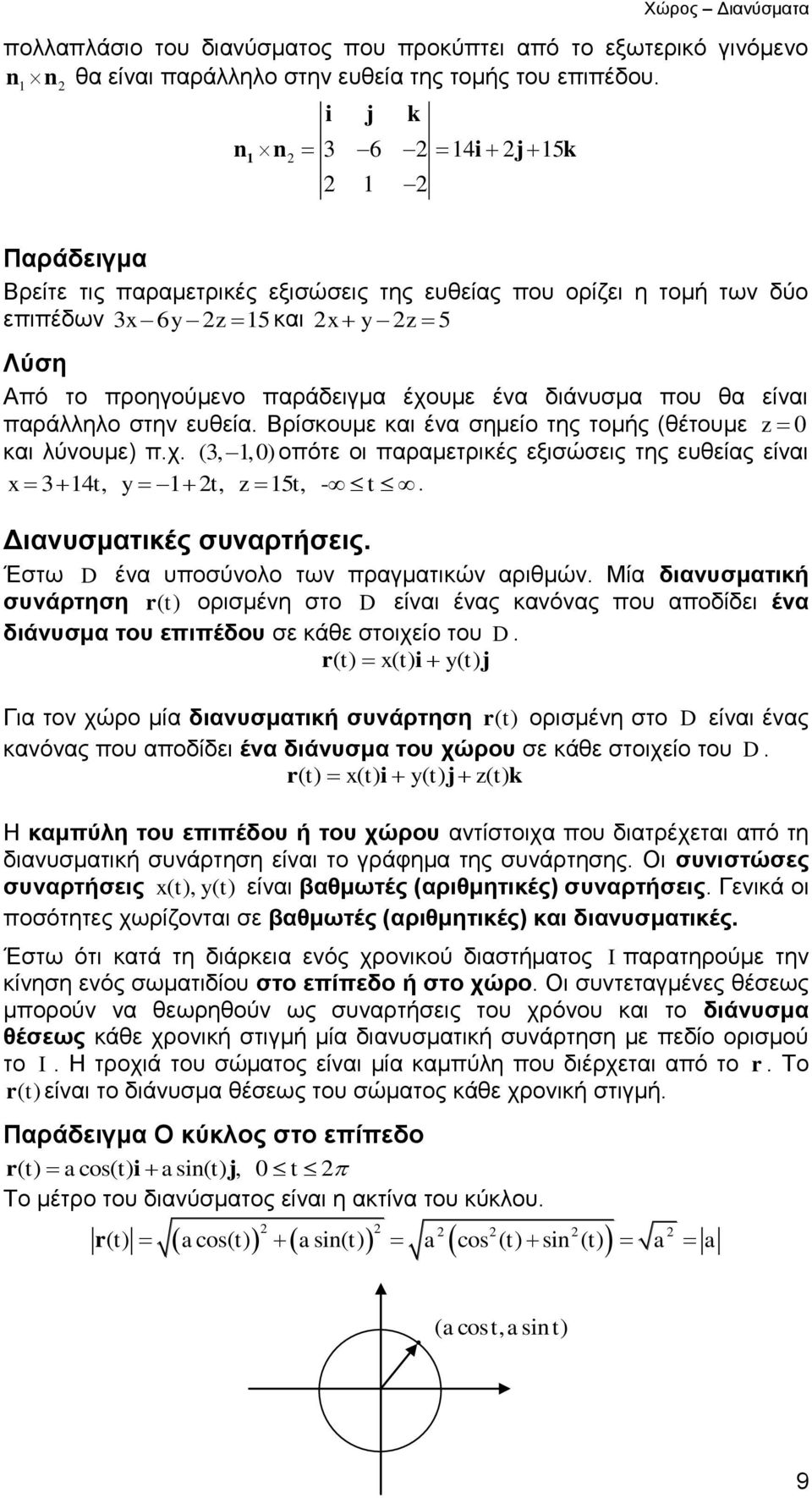 στην ευθεία. Βρίσκουμε και ένα σημείο της τομής (θέτουμε z και λύνουμε) π.χ. (3,,) οπότε οι παραμετρικές εξισώσεις της ευθείας είναι 34 t, t, z 5 t, - t. Διανυσματικές συναρτήσεις.