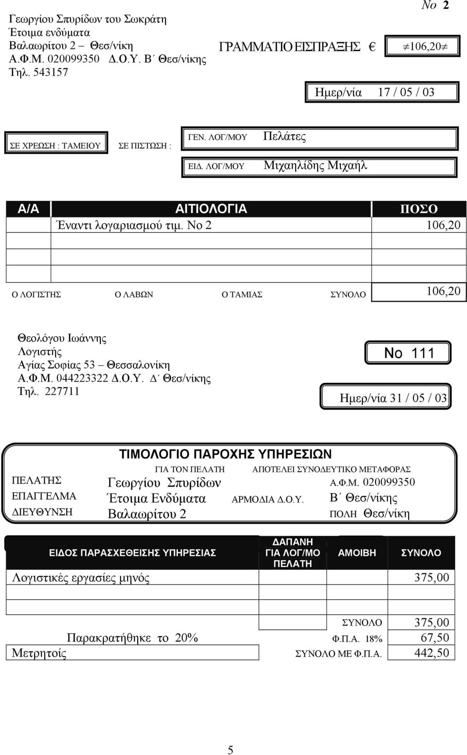 Μ. 044223322 Δ.Ο.Υ. Δ Θεσ/νίκης Τηλ. 227711 Νο 111 Ημερ/νία 31 / 05 / 03 ΤΙΜΟΛΟΓΙΟ ΠΑΡΟΧΗΣ ΥΠΗΡΕΣΙΩΝ ΓΙΑ ΤΟΝ ΠΕΛΑΤΗ ΠΕΛΑΤΗΣ Γεωργίου Σπυρίδων Α.Φ.Μ. 020099350 ΕΠΑΓΓΕΛΜΑ Έτοιμα Ενδύματα ΑΡΜΟΔΙΑ Δ.