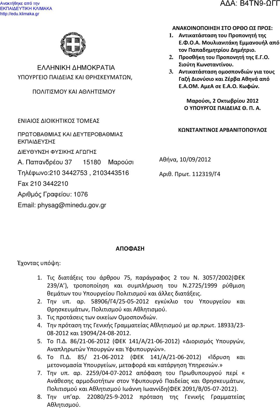 Ο.Α. Μουλιανιτάκη Εμμανουήλ από τον Παπαδημητρίου Δημήτριο. 2. Προσθήκη του Προπονητή της Ε.Γ.Ο. Σιούτη Κωνσταντίνου. 3. Αντικατάσταση ομοσπονδιών για τους Γαζή Διονύσιο και Ζέρβα Αθηνά από Ε.Α.ΟΜ.