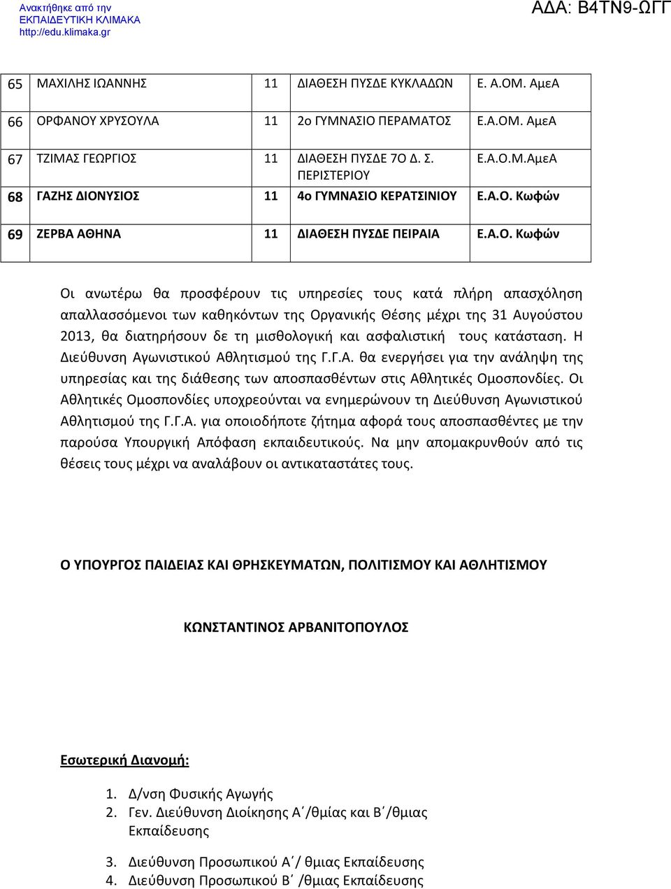 Αυγούστου 2013, θα διατηρήσουν δε τη μισθολογική και ασφαλιστική τους κατάσταση. Η Διεύθυνση Αγωνιστικού Αθλητισμού της Γ.Γ.Α. θα ενεργήσει για την ανάληψη της υπηρεσίας και της διάθεσης των αποσπασθέντων στις Αθλητικές Ομοσπονδίες.
