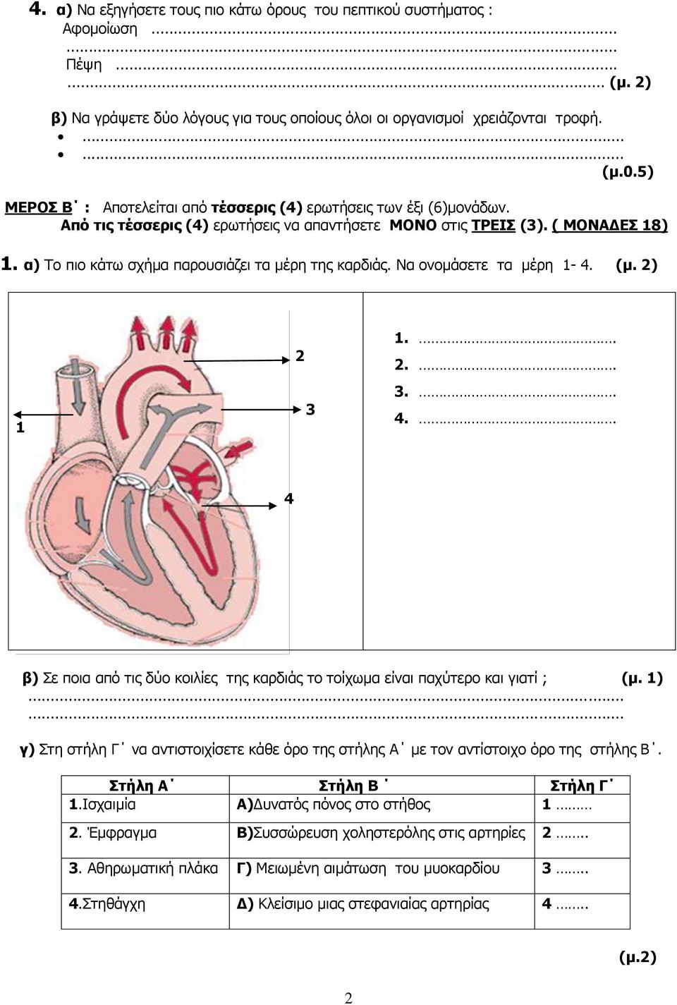 α) Το πιο κάτω σχήμα παρουσιάζει τα μέρη της καρδιάς. Να ονομάσετε τα μέρη 1-4. (μ. 2) 1 2 3 1.. 2.. 3.. 4.. 4 β) Σε ποια από τις δύο κοιλίες της καρδιάς το τοίχωμα είναι παχύτερο και γιατί ; (μ. 1).